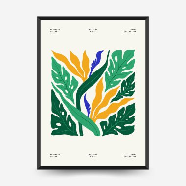 Soyut çiçek posterleri şablonu. Modern trend Matisse minimal tarzı. Tropik orman. Duvar kağıdı, duvar dekoru, baskı, kartpostal, kapak, şablon, pankart için el çizimi tasarımı. 