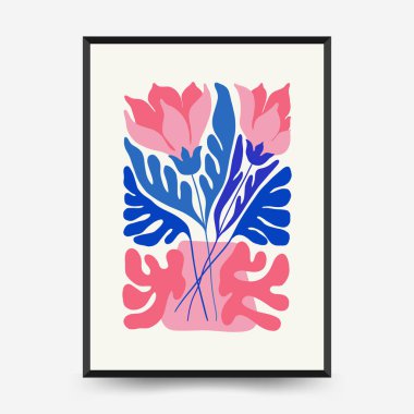 Soyut çiçek posterleri şablonu. Modern trend Matisse minimal tarzı. Tropik orman. Duvar kağıdı, duvar dekoru, baskı, kartpostal, kapak, şablon, pankart için el çizimi tasarımı. 