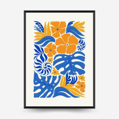 Soyut çiçek posterleri şablonu. Modern trend Matisse minimal tarzı. Tropik orman. Duvar kağıdı, duvar dekoru, baskı, kartpostal, kapak, şablon, pankart için el çizimi tasarımı. 