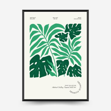 Soyut çiçek posterleri şablonu. Modern trend Matisse minimal tarzı. Tropik orman. Duvar kağıdı, duvar dekoru, baskı, kartpostal, kapak, şablon, pankart için el çizimi tasarımı. 