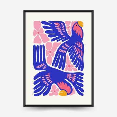 Soyut çiçek posterleri şablonu. Modern trend Matisse minimal tarzı. Tropik orman. Duvar kağıdı, duvar dekoru, baskı, kartpostal, kapak, şablon, pankart için el çizimi tasarımı. 