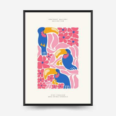 Soyut çiçek posterleri şablonu. Modern trend Matisse minimal tarzı. Tropik orman. Duvar kağıdı, duvar dekoru, baskı, kartpostal, kapak, şablon, pankart için el çizimi tasarımı. 