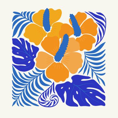 Çiçek soyut elementler. Tropik botanik kompozisyonu. Modern trend Matisse minimal tarzı. Çiçek posteri, davet. Tebrik kartı veya davet tasarımı için vektör düzenlemeleri
