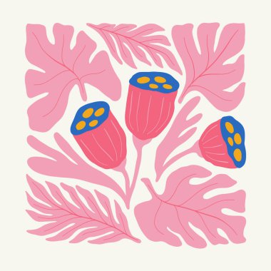 Çiçek soyut elementler. Tropik botanik kompozisyonu. Modern trend Matisse minimal tarzı. Çiçek posteri, davet. Tebrik kartı veya davet tasarımı için vektör düzenlemeleri