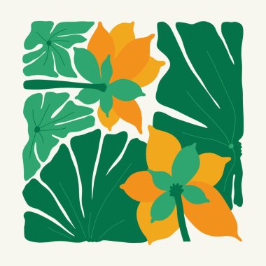 Çiçek soyut elementler. Tropik botanik kompozisyonu. Modern trend Matisse minimal tarzı. Çiçek posteri, davet. Tebrik kartı veya davet tasarımı için vektör düzenlemeleri