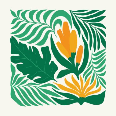 Çiçek soyut elementler. Tropik botanik kompozisyonu. Modern trend Matisse minimal tarzı. Çiçek posteri, davet. Tebrik kartı veya davet tasarımı için vektör düzenlemeleri