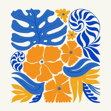 Çiçek soyut elementler. Tropik botanik kompozisyonu. Modern trend Matisse minimal tarzı. Çiçek posteri, davet. Tebrik kartı veya davet tasarımı için vektör düzenlemeleri