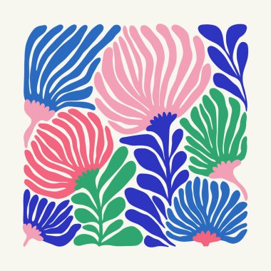 Çiçek soyut elementler. Tropik botanik kompozisyonu. Modern trend Matisse minimal tarzı. Çiçek posteri, davet. Tebrik kartı veya davet tasarımı için vektör düzenlemeleri