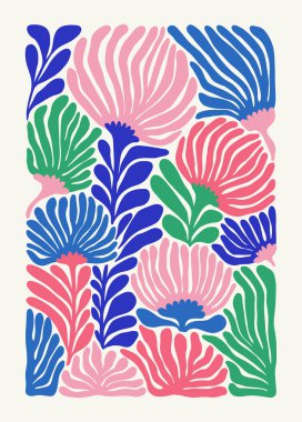 Çiçek soyut elementler. Tropik botanik kompozisyonu. Modern trend Matisse minimal tarzı. Çiçek posteri, davet. Tebrik kartı veya davet tasarımı için vektör düzenlemeleri