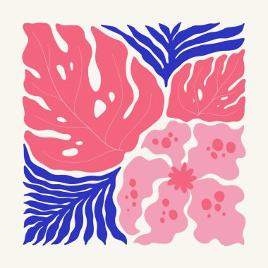 Çiçek soyut elementler. Tropik botanik kompozisyonu. Modern trend Matisse minimal tarzı. Çiçek posteri, davet. Tebrik kartı veya davet tasarımı için vektör düzenlemeleri
