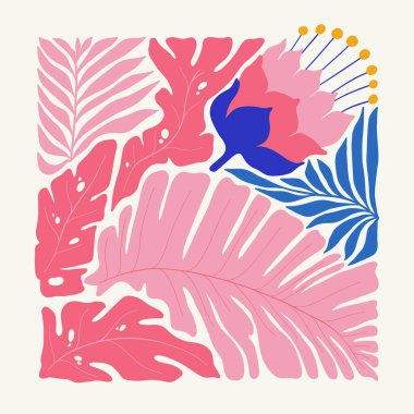 Çiçek soyut elementler. Tropik botanik kompozisyonu. Modern trend Matisse minimal tarzı. Çiçek posteri, davet. Tebrik kartı veya davet tasarımı için vektör düzenlemeleri