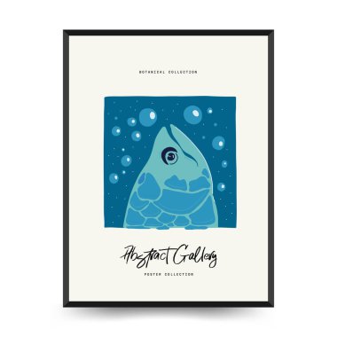 Su altı dünyası, okyanus, deniz, balık ve deniz kabukları dikey uçucu ya da poster şablonu. Modern trend Matisse minimal tarzı. Duvar kağıdı, duvar dekoru, baskı, kartpostal, kapak, şablon, pankart için el çizimi tasarımı.