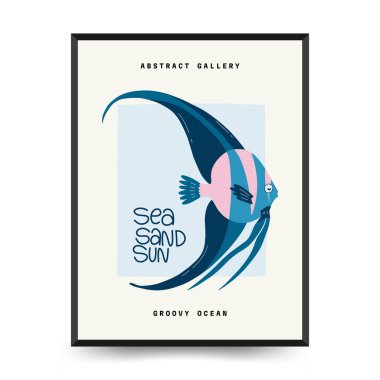 Su altı dünyası, okyanus, deniz, balık ve deniz kabukları dikey uçucu ya da poster şablonu. Modern trend Matisse minimal tarzı. Duvar kağıdı, duvar dekoru, baskı, kartpostal, kapak, şablon, pankart için el çizimi tasarımı.