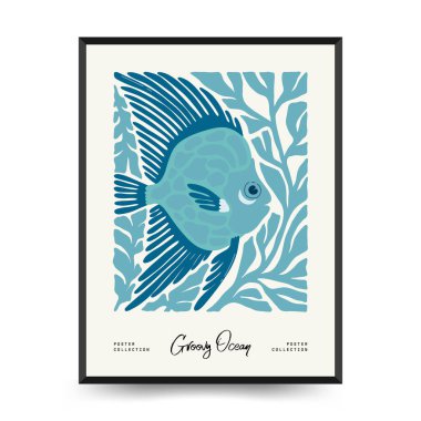 Su altı dünyası, okyanus, deniz, balık ve deniz kabukları dikey uçucu ya da poster şablonu. Modern trend Matisse minimal tarzı. Duvar kağıdı, duvar dekoru, baskı, kartpostal, kapak, şablon, pankart için el çizimi tasarımı.