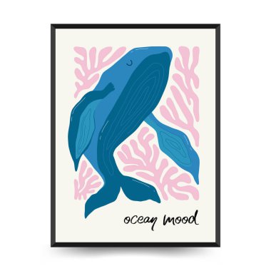 Su altı dünyası, okyanus, deniz, balık ve deniz kabukları dikey uçucu ya da poster şablonu. Modern trend Matisse minimal tarzı. Duvar kağıdı, duvar dekoru, baskı, kartpostal, kapak, şablon, pankart için el çizimi tasarımı.