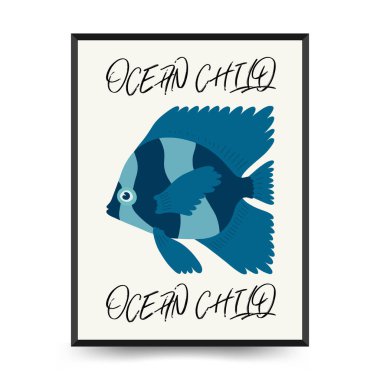 Su altı dünyası, okyanus, deniz, balık ve deniz kabukları dikey uçucu ya da poster şablonu. Modern trend Matisse minimal tarzı. Duvar kağıdı, duvar dekoru, baskı, kartpostal, kapak, şablon, pankart için el çizimi tasarımı.