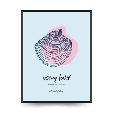 Su altı dünyası, okyanus, deniz, balık ve deniz kabukları dikey uçucu ya da poster şablonu. Modern trend Matisse minimal tarzı. Duvar kağıdı, duvar dekoru, baskı, kartpostal, kapak, şablon, pankart için el çizimi tasarımı.