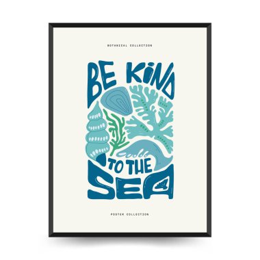 Su altı dünyası, okyanus, deniz, balık ve deniz kabukları dikey uçucu ya da poster şablonu. Modern trend Matisse minimal tarzı. Duvar kağıdı, duvar dekoru, baskı, kartpostal, kapak, şablon, pankart için el çizimi tasarımı.