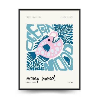 Su altı dünyası, okyanus, deniz, balık ve deniz kabukları dikey uçucu ya da poster şablonu. Modern trend Matisse minimal tarzı. Duvar kağıdı, duvar dekoru, baskı, kartpostal, kapak, şablon, pankart için el çizimi tasarımı.