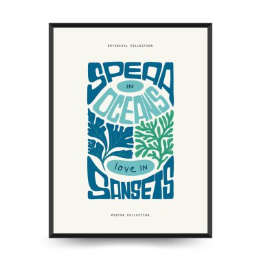 Su altı dünyası, okyanus, deniz, balık ve deniz kabukları dikey uçucu ya da poster şablonu. Modern trend Matisse minimal tarzı. Duvar kağıdı, duvar dekoru, baskı, kartpostal, kapak, şablon, pankart için el çizimi tasarımı.