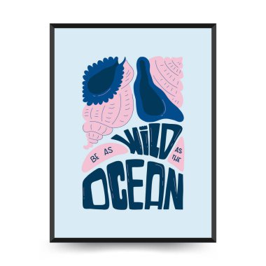 Su altı dünyası, okyanus, deniz, balık ve deniz kabukları dikey uçucu ya da poster şablonu. Modern trend Matisse minimal tarzı. Duvar kağıdı, duvar dekoru, baskı, kartpostal, kapak, şablon, pankart için el çizimi tasarımı.