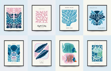 Su altı dünyası, okyanus, deniz, balık ve deniz kabukları dikey uçucu ya da poster şablonu. Modern trend Matisse minimal tarzı. Duvar kağıdı, duvar dekoru, baskı, kartpostal, kapak, şablon, pankart için el çizimi tasarımı.