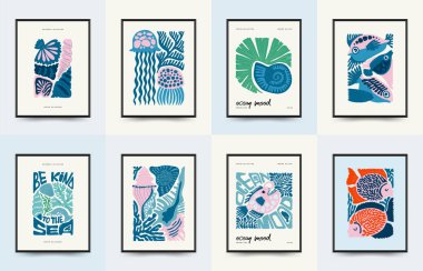 Su altı dünyası, okyanus, deniz, balık ve deniz kabukları dikey uçucu ya da poster şablonu. Modern trend Matisse minimal tarzı. Duvar kağıdı, duvar dekoru, baskı, kartpostal, kapak, şablon, pankart için el çizimi tasarımı.