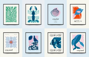 Su altı dünyası, okyanus, deniz, balık ve deniz kabukları dikey uçucu ya da poster şablonu. Modern trend Matisse minimal tarzı. Duvar kağıdı, duvar dekoru, baskı, kartpostal, kapak, şablon, pankart için el çizimi tasarımı.