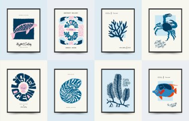 Su altı dünyası, okyanus, deniz, balık ve deniz kabukları dikey uçucu ya da poster şablonu. Modern trend Matisse minimal tarzı. Duvar kağıdı, duvar dekoru, baskı, kartpostal, kapak, şablon, pankart için el çizimi tasarımı.