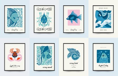 Su altı dünyası, okyanus, deniz, balık ve deniz kabukları dikey uçucu ya da poster şablonu. Modern trend Matisse minimal tarzı. Duvar kağıdı, duvar dekoru, baskı, kartpostal, kapak, şablon, pankart için el çizimi tasarımı.
