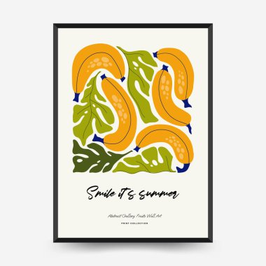 Soyut meyve posterleri şablonu. Modern trend Matisse minimal tarzı. Egzotik Sağlıklı Yemek. Duvar kağıdı, duvar dekoru, baskı, kartpostal, kapak, şablon, pankart için el çizimi tasarımı.