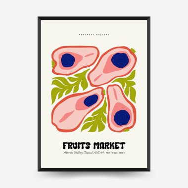 Soyut meyve posterleri şablonu. Modern trend Matisse minimal tarzı. Egzotik Sağlıklı Yemek. Duvar kağıdı, duvar dekoru, baskı, kartpostal, kapak, şablon, pankart için el çizimi tasarımı.