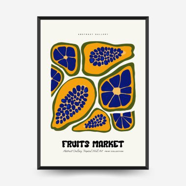 Soyut meyve posterleri şablonu. Modern trend Matisse minimal tarzı. Egzotik Sağlıklı Yemek. Duvar kağıdı, duvar dekoru, baskı, kartpostal, kapak, şablon, pankart için el çizimi tasarımı.