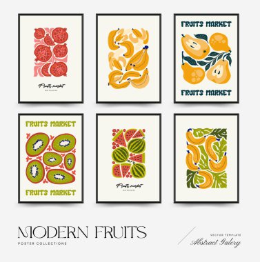 Soyut meyve posterleri şablonu. Modern trend Matisse minimal tarzı. Egzotik Sağlıklı Yemek. Duvar kağıdı, duvar dekoru, baskı, kartpostal, kapak, şablon, pankart için el çizimi tasarımı.