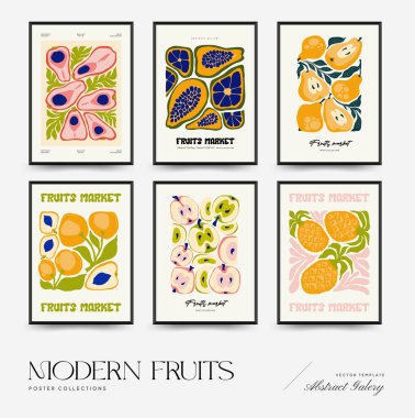 Soyut meyve posterleri şablonu. Modern trend Matisse minimal tarzı. Egzotik Sağlıklı Yemek. Duvar kağıdı, duvar dekoru, baskı, kartpostal, kapak, şablon, pankart için el çizimi tasarımı.
