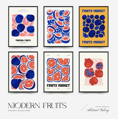 Soyut meyve posterleri şablonu. Modern trend Matisse minimal tarzı. Egzotik Sağlıklı Yemek. Duvar kağıdı, duvar dekoru, baskı, kartpostal, kapak, şablon, pankart için el çizimi tasarımı.