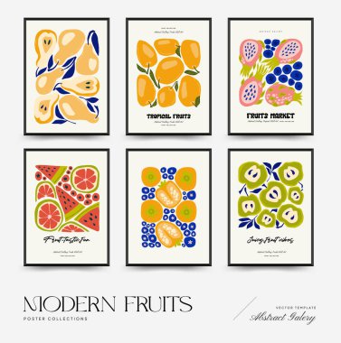 Soyut meyve posterleri şablonu. Modern trend Matisse minimal tarzı. Egzotik Sağlıklı Yemek. Duvar kağıdı, duvar dekoru, baskı, kartpostal, kapak, şablon, pankart için el çizimi tasarımı.