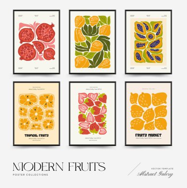 Soyut meyve posterleri şablonu. Modern trend Matisse minimal tarzı. Egzotik Sağlıklı Yemek. Duvar kağıdı, duvar dekoru, baskı, kartpostal, kapak, şablon, pankart için el çizimi tasarımı.