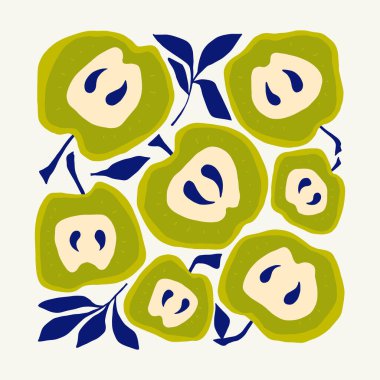 Meyveler soyut elementler. Yiyecek ve sağlıklı kompozisyon. Modern trend Matisse minimal tarzı. Meyve posteri, davet. Tebrik kartı veya davet tasarımı için vektör düzenlemeleri