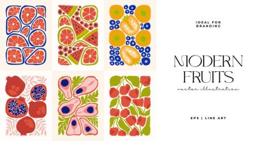 Fruits abstract elements. Food and healsy composition. Modern trendy Matisse minimal style. Fruits poster, invite. Vector arrangements for greeting card or invitation design clipart