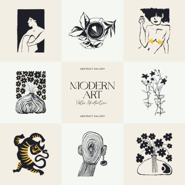 Modern Sanat İllüstrasyonu. Matisse Soyut Set, Estetik Modern, Boho Dekor, Minimalist, İllüstrasyon, Vector, Poster, Kartpostal. Estetik minimalist tasarım. Vektör illüstrasyonları.