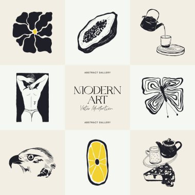 Modern Sanat İllüstrasyonu. Matisse Soyut Set, Estetik Modern, Boho Dekor, Minimalist, İllüstrasyon, Vector, Poster, Kartpostal. Estetik minimalist tasarım. Vektör illüstrasyonları.