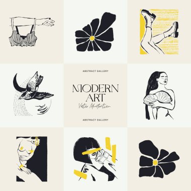Modern Sanat İllüstrasyonu. Matisse Soyut Set, Estetik Modern, Boho Dekor, Minimalist, İllüstrasyon, Vector, Poster, Kartpostal. Estetik minimalist tasarım. Vektör illüstrasyonları.