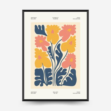 Soyut çiçek posterleri şablonu. Modern trend Matisse minimal tarzı. Pembe ve mavi renkler. Duvar kağıdı, duvar dekoru, baskı, kartpostal, kapak, şablon, pankart için el çizimi tasarımı. 