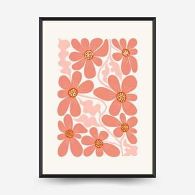 Soyut çiçek posterleri şablonu. Modern trend Matisse minimal tarzı. Pembe ve mavi renkler. Duvar kağıdı, duvar dekoru, baskı, kartpostal, kapak, şablon, pankart için el çizimi tasarımı. 