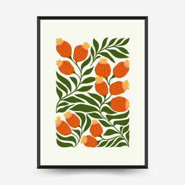 Soyut çiçek posterleri şablonu. Modern trend Matisse minimal tarzı. Pembe ve mavi renkler. Duvar kağıdı, duvar dekoru, baskı, kartpostal, kapak, şablon, pankart için el çizimi tasarımı. 