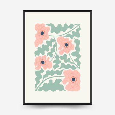 Soyut çiçek posterleri şablonu. Modern trend Matisse minimal tarzı. Pembe ve mavi renkler. Duvar kağıdı, duvar dekoru, baskı, kartpostal, kapak, şablon, pankart için el çizimi tasarımı. 