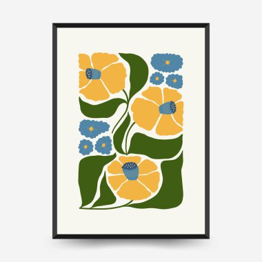 Soyut çiçek posterleri şablonu. Modern trend Matisse minimal tarzı. Pembe ve mavi renkler. Duvar kağıdı, duvar dekoru, baskı, kartpostal, kapak, şablon, pankart için el çizimi tasarımı. 