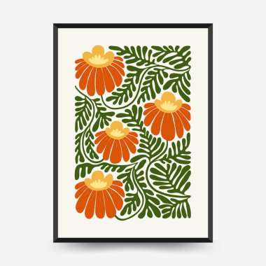 Soyut çiçek posterleri şablonu. Modern trend Matisse minimal tarzı. Pembe ve mavi renkler. Duvar kağıdı, duvar dekoru, baskı, kartpostal, kapak, şablon, pankart için el çizimi tasarımı. 