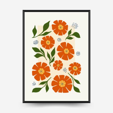 Soyut çiçek posterleri şablonu. Modern trend Matisse minimal tarzı. Pembe ve mavi renkler. Duvar kağıdı, duvar dekoru, baskı, kartpostal, kapak, şablon, pankart için el çizimi tasarımı. 